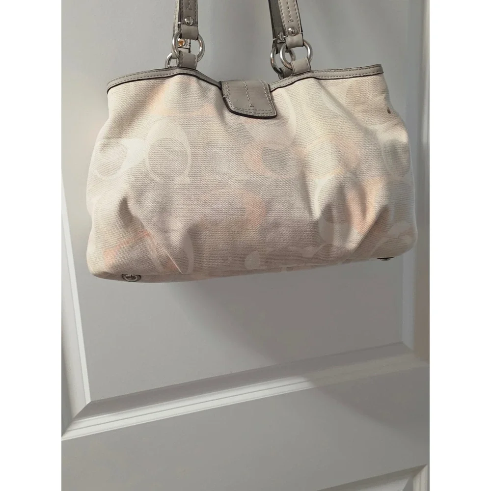 Coach Soho Signature Canvas Satchel Bag Grey Leather Trim Cream Peach Monogram